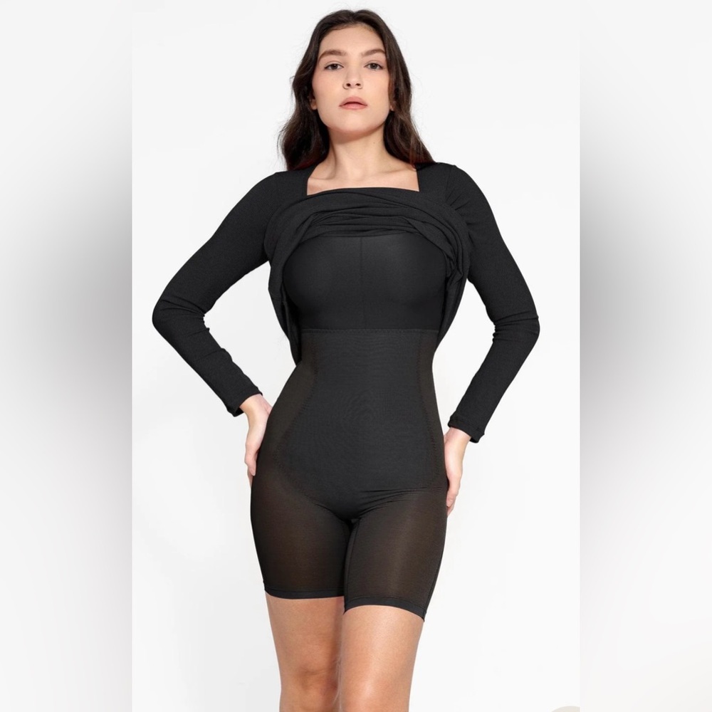 Popilush Shapewear Square Neck Long Sleeve Slimming Modal Maxi Dress - Picture 2 of 9